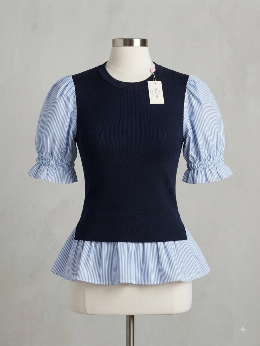 Nanette Lepore Navy Knit Top with Light Blue-White Striped Puff Sleeves